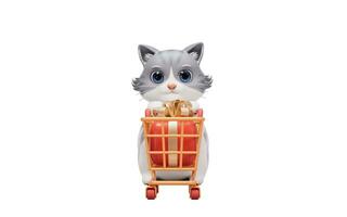 3d dibujos animados estilo linda gato y compras carro, 3d representación. foto
