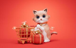 3D cartoon style cute cat and shopping cart, 3d rendering. photo