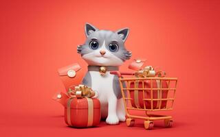 3D cartoon style cute cat and shopping cart, 3d rendering. photo