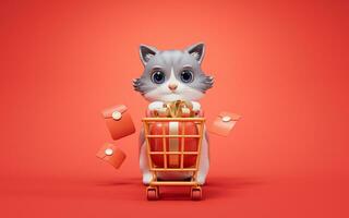 3D cartoon style cute cat and shopping cart, 3d rendering. photo