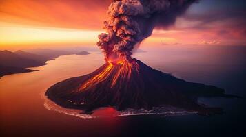 ai generado escena de volcán erupción en natural ambiente foto