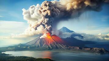 ai generado escena de volcán erupción en natural ambiente foto