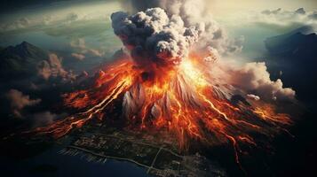 ai generado escena de volcán erupción en natural ambiente foto