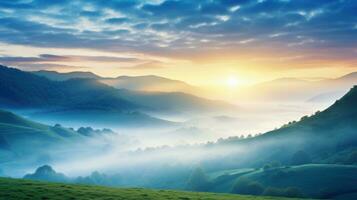 AI generated sunrise in the misty morning HD background wallpaper photo