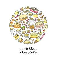 Doodle white chocolate products in circle. vector