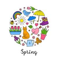 Hand drawn spring items in circle. vector
