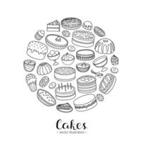 Hand drawn cakes in circle. vector