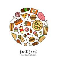 Hand drawn fast food in circle. vector