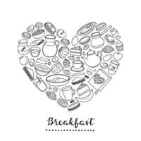 Hand drawn breakfast dishes in heart shape. vector