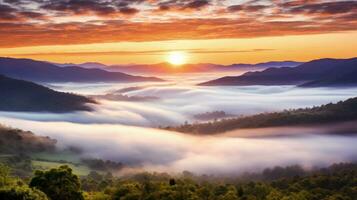 AI generated sunrise in the misty morning HD background wallpaper photo