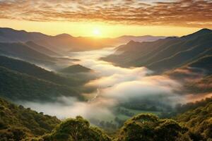 ai generado amanecer en el brumoso Mañana hd antecedentes fondo de pantalla foto