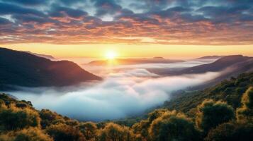 AI generated sunrise in the misty morning HD background wallpaper photo