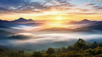 AI generated sunrise in the misty morning HD background wallpaper photo