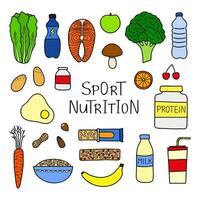 Set of doodle sport nutrition items. vector