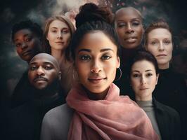 ai generado diversidad etnia mujer en póster estilo Disparo foto