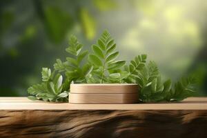 AI Generated Wooden and Nature podium and beautiful lighting. Background for product presentation. Generative AI photo