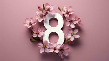 ai generado internacional De las mujeres día 8 marzo saludo tarjeta con primavera rosado flores y número 8 aislado en rosado fondo, parte superior vista, gratis espacio para publicidad. foto
