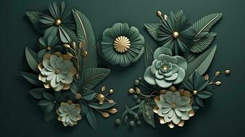 AI generated 3d wreath on green with gold leaves photo