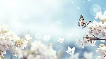 AI generated Abstract Nature Spring Background with Flowers and Butterflies. photo