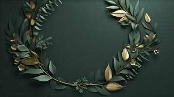 AI generated 3d wreath on green with gold leaves photo