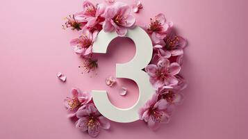AI generated Spring pink flowers and number 3 isolated on Pink background, top view, free space for advertising. photo