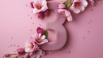 AI generated Spring pink flowers and number 3 isolated on Pink background, top view, free space for advertising. photo