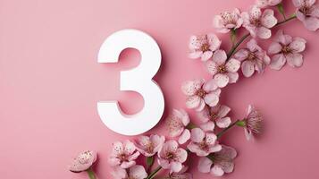 AI generated Spring pink flowers and number 3 isolated on Pink background, top view, free space for advertising. photo