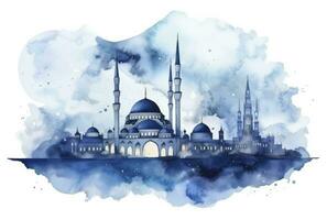 AI generated Watercolor Rendering of an Abstract Blue Mosque, Symbolizing Ramadan and Eid Mubarak Celebration. photo