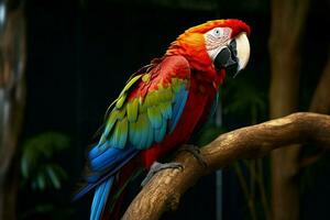 ai generado maravilloso guacamayo exhibiendo sus vibrante y vistoso plumaje ai generado foto