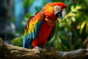 ai generado maravilloso guacamayo exhibiendo sus vibrante y vistoso plumaje ai generado foto