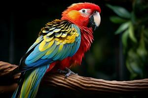 ai generado maravilloso guacamayo exhibiendo sus vibrante y vistoso plumaje ai generado foto