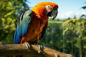 ai generado maravilloso guacamayo exhibiendo sus vibrante y vistoso plumaje ai generado foto