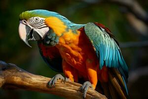 ai generado maravilloso guacamayo exhibiendo sus vibrante y vistoso plumaje ai generado foto