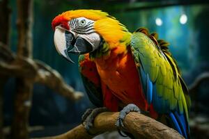 ai generado maravilloso guacamayo exhibiendo sus vibrante y vistoso plumaje ai generado foto