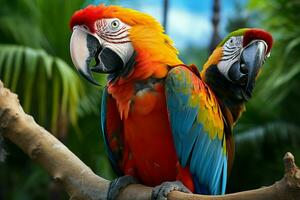 ai generado maravilloso guacamayo exhibiendo sus vibrante y vistoso plumaje ai generado foto