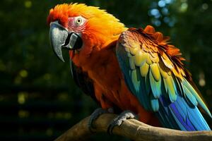 ai generado maravilloso guacamayo exhibiendo sus vibrante y vistoso plumaje ai generado foto