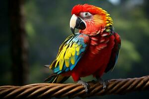 ai generado maravilloso guacamayo exhibiendo sus vibrante y vistoso plumaje ai generado foto