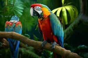 ai generado maravilloso guacamayo exhibiendo sus vibrante y vistoso plumaje ai generado foto