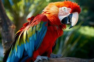 ai generado maravilloso guacamayo exhibiendo sus vibrante y vistoso plumaje ai generado foto