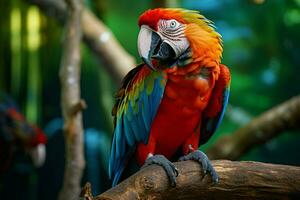 ai generado maravilloso guacamayo exhibiendo sus vibrante y vistoso plumaje ai generado foto