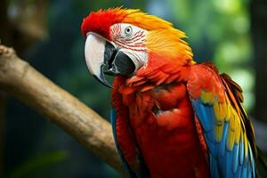 ai generado maravilloso guacamayo exhibiendo sus vibrante y vistoso plumaje ai generado foto