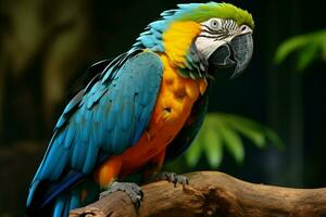 ai generado maravilloso guacamayo exhibiendo sus vibrante y vistoso plumaje ai generado foto