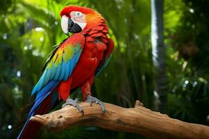 ai generado maravilloso guacamayo exhibiendo sus vibrante y vistoso plumaje ai generado foto