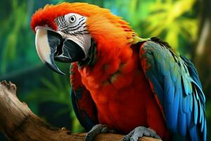 ai generado maravilloso guacamayo exhibiendo sus vibrante y vistoso plumaje ai generado foto