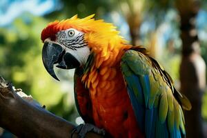 ai generado maravilloso guacamayo exhibiendo sus vibrante y vistoso plumaje ai generado foto