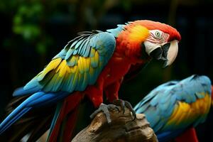 ai generado maravilloso guacamayo exhibiendo sus vibrante y vistoso plumaje ai generado foto