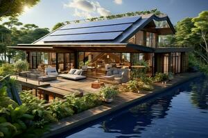 AI generated Home ecological architecture aesthetic with solar panels on its roof photo