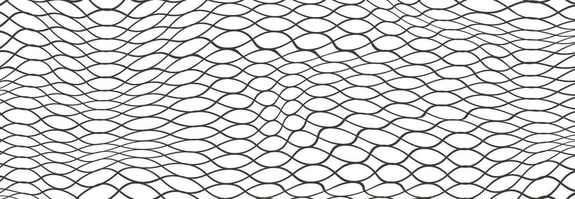 Illustration of a black fishing or football net.Checkered wavy background in doodle style.