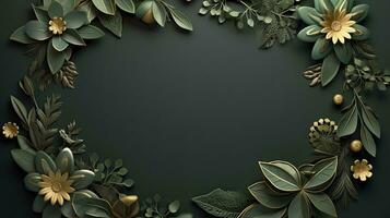 AI generated 3d wreath on green with gold leaves photo