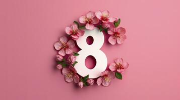 AI generated International Women's Day 8 March greeting card with spring pink flowers and number 8 isolated on Pink background, top view, free space for advertising. photo